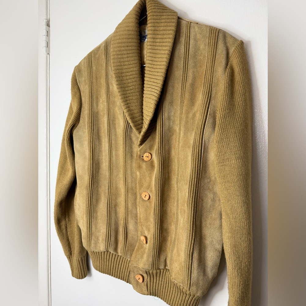 Vintage men’s Repage mustard, leather & knit, shawl neck, button-down cardigan M - Picture 2 of 7